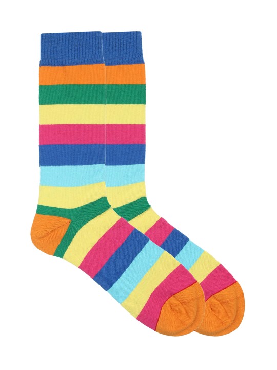 Men Blue & Orange Colourblocked Calf-Length Cotton Socks