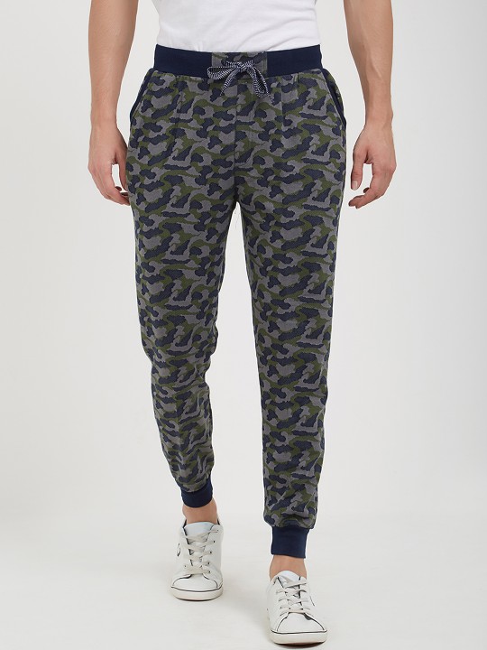 Men Olive Green & Blue Printed Joggers M