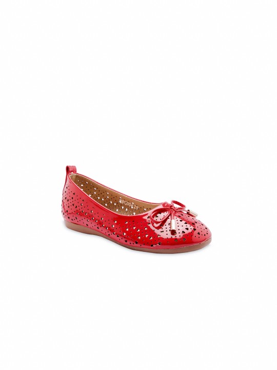 Girls Red Woven Design Synthetic Patent Ballerinas 25