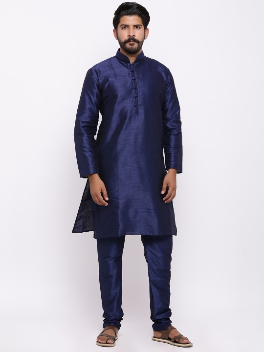 Men Navy Blue Self Design Kurta with Churidar M