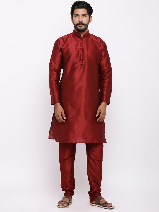 Men Red Self Design Kurta with Churidar M