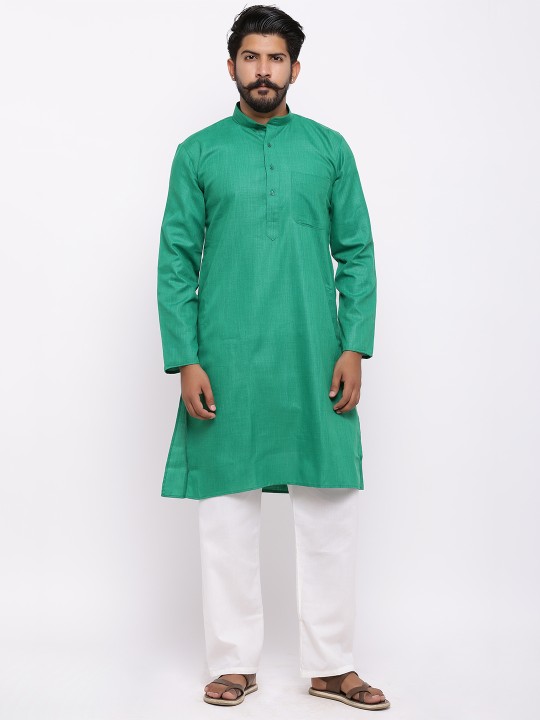 Men Green & White Solid Kurta with Pyjamas M