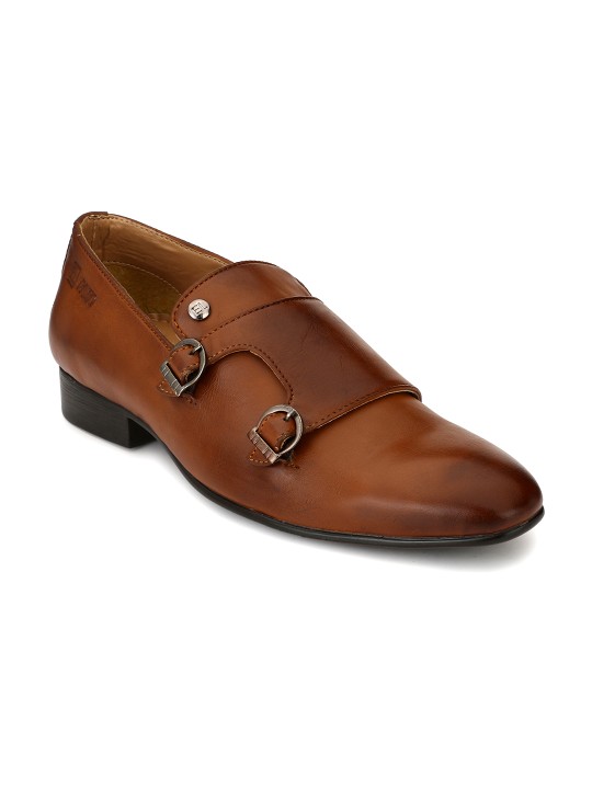 Men Tan Leather Like Double Monk Formal Shoes 6
