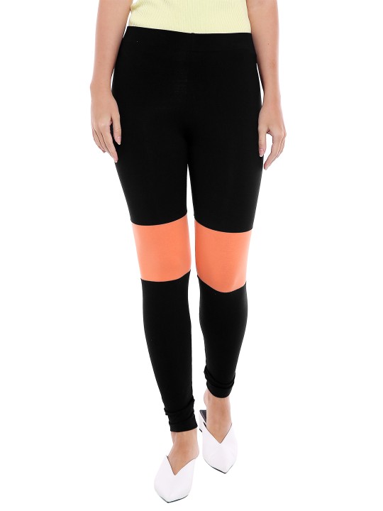 Women Black & Orange Colourblocked Tights S