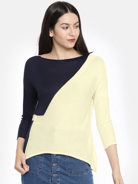 Women Off-White & Navy Colourblocked High-Low Top S