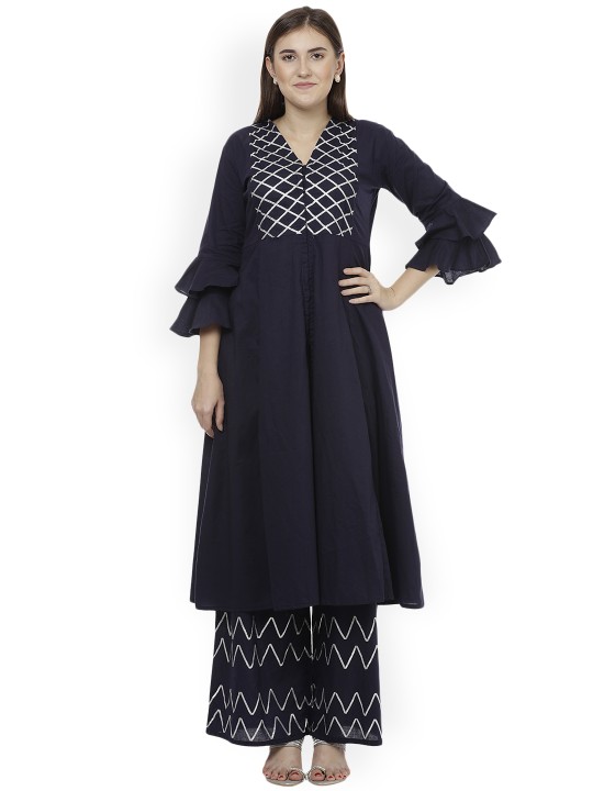 Women Navy Blue Yoke Design Kurta with Palazzos XXL