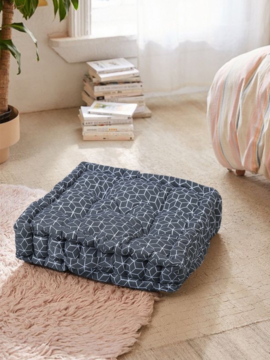 Grey Cotton Geometrical Square Floor Cushion