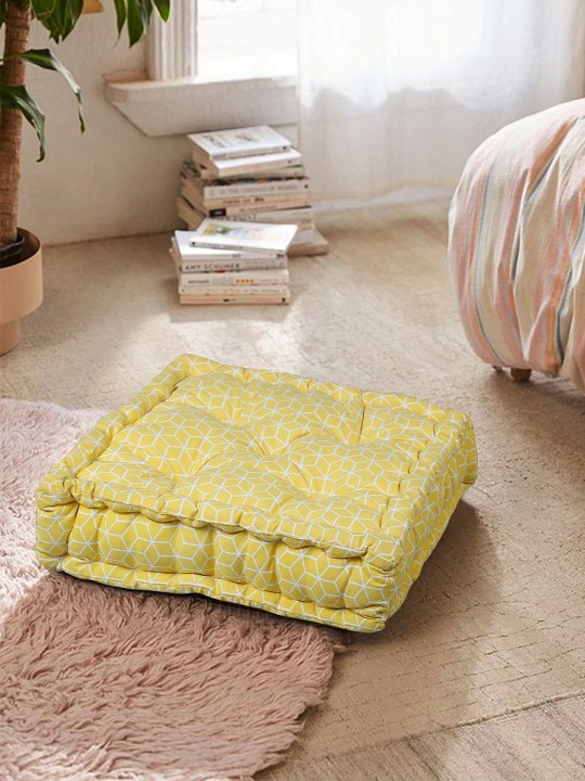 Geometrical Yellow Square Cotton Floor Cushion 18x18 inches