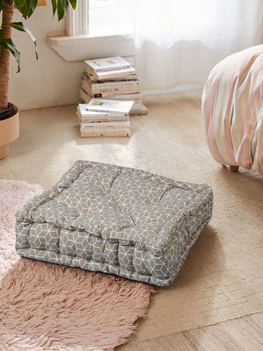 Cotton Geometrical Khaki Square Floor Cushion