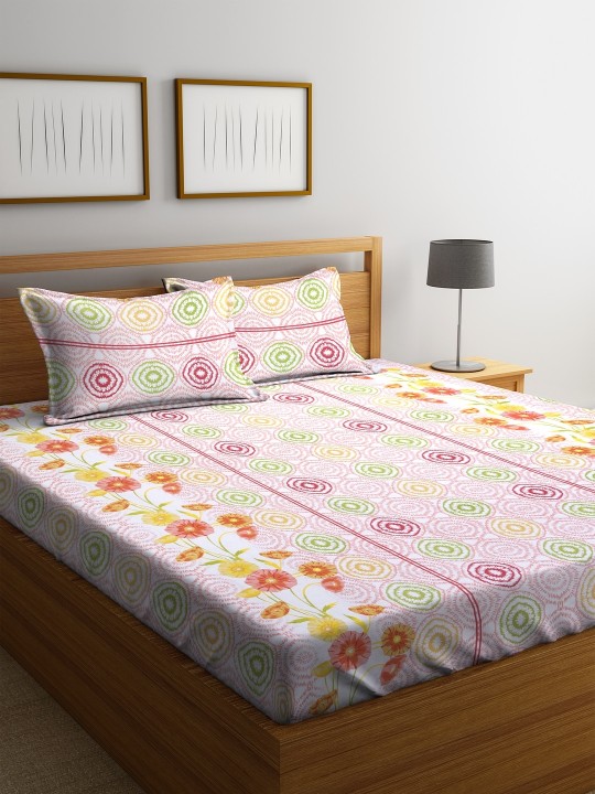 Multicoloured Floral Flat 180 TC Cotton 1 Queen Bedsheet with 2 Pillow Covers