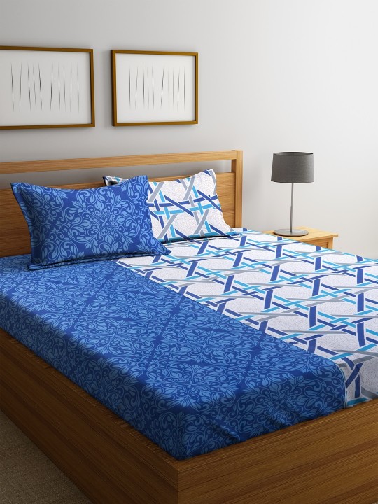 Blue & White Geometric Flat 180 TC Cotton 1 Queen Bedsheet with 2 Pillow Covers