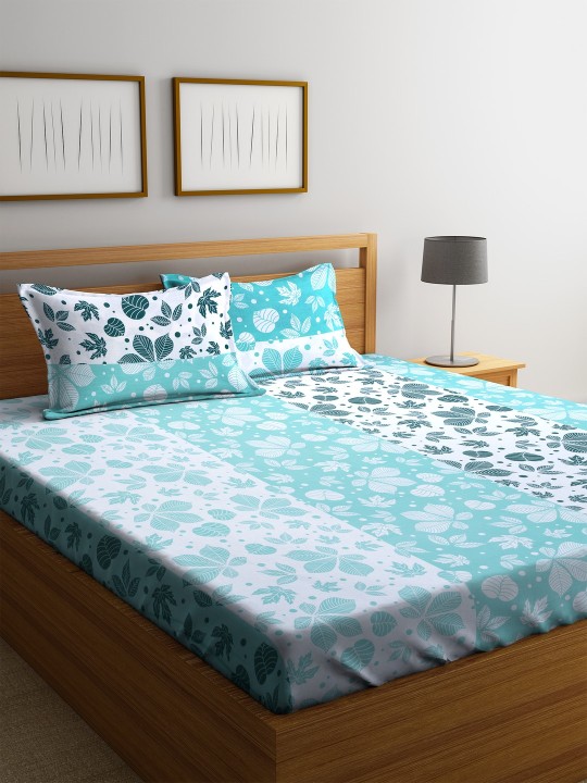 Sea Green & White Floral Flat 180 TC Cotton 1 Queen Bedsheet with 2 Pillow Covers