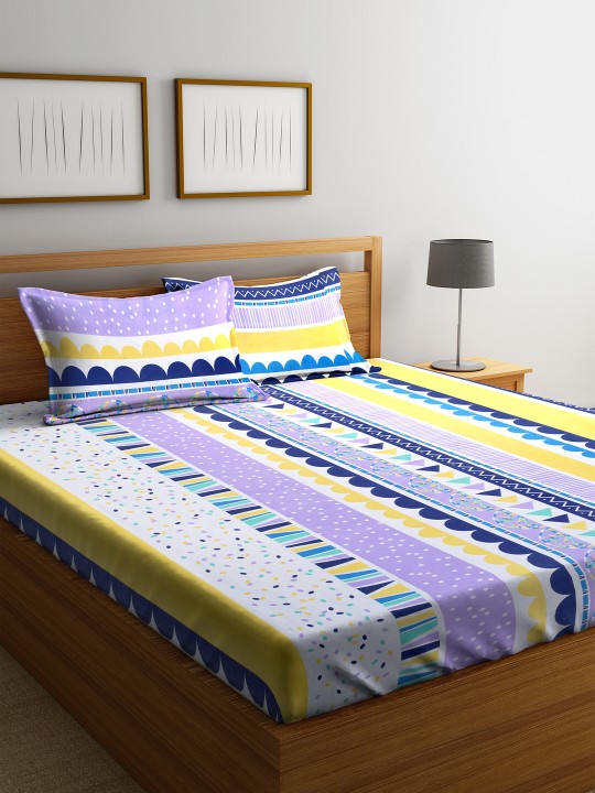 Purple & Yellow Abstract Flat 180 TC Cotton 1 Queen Bedsheet with 2 Pillow Covers