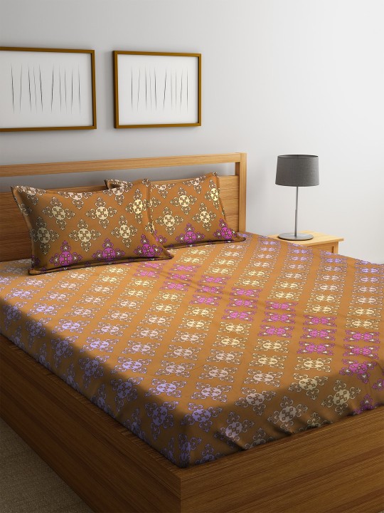 Brown Ethnic Motifs Flat 180 TC Cotton 1 Queen Bedsheet with 2 Pillow Covers