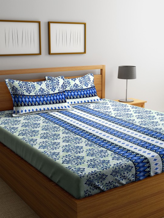 Blue & White Abstract Flat 180 TC Cotton 1 Queen Bedsheet with 2 Pillow Covers