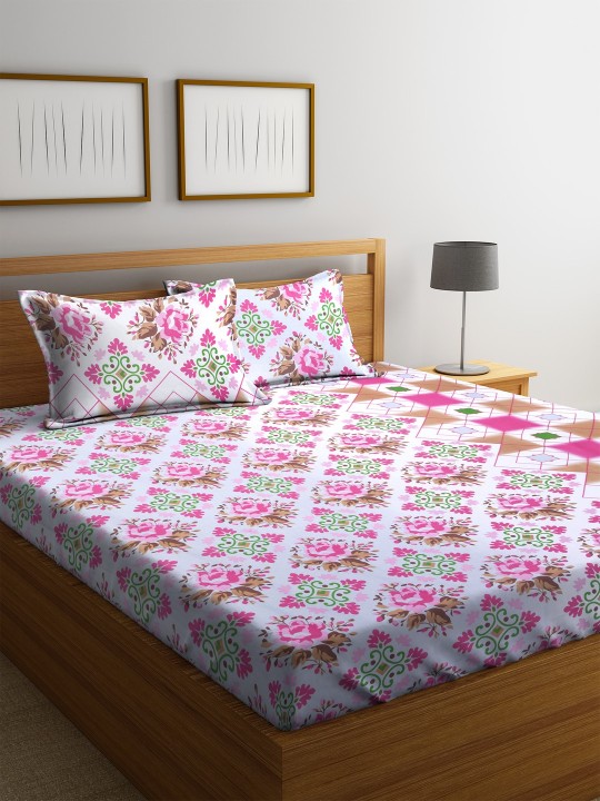 Pink & White Floral Flat 180 TC Cotton 1 King Bedsheet with 2 Pillow Covers
