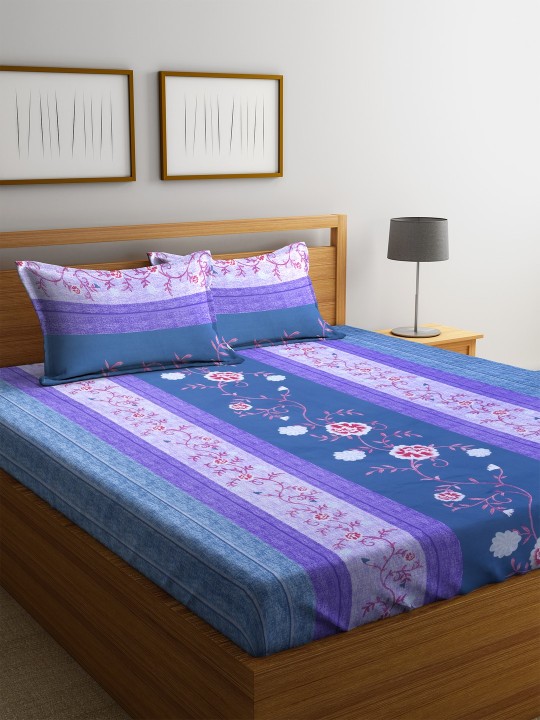 Blue Floral Flat 180 TC Cotton 1 Queen Bedsheet with 2 Pillow Covers