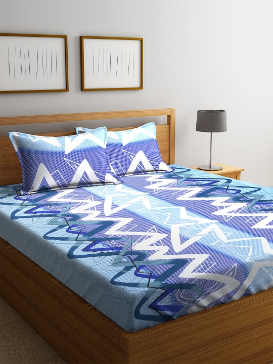 Blue & Purple Printed 180 TC Cotton 1 Queen Bedsheet with 2 Pillow Covers