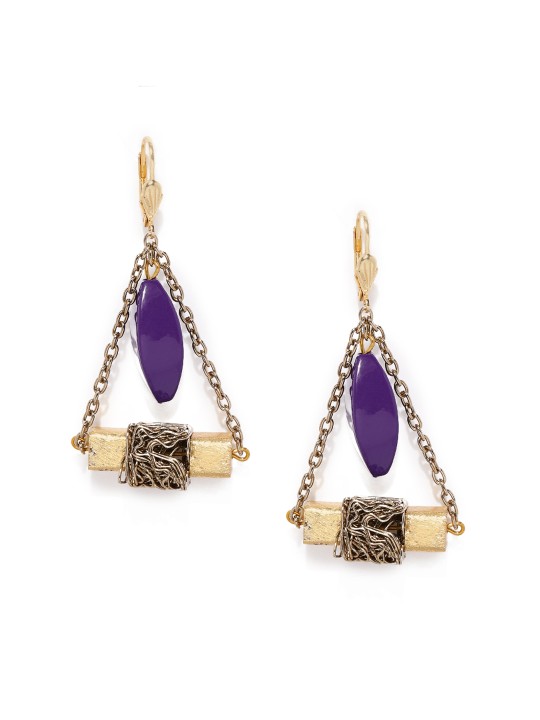 Purple & Gold-Toned Antique Finish Geometric Drop Earrings