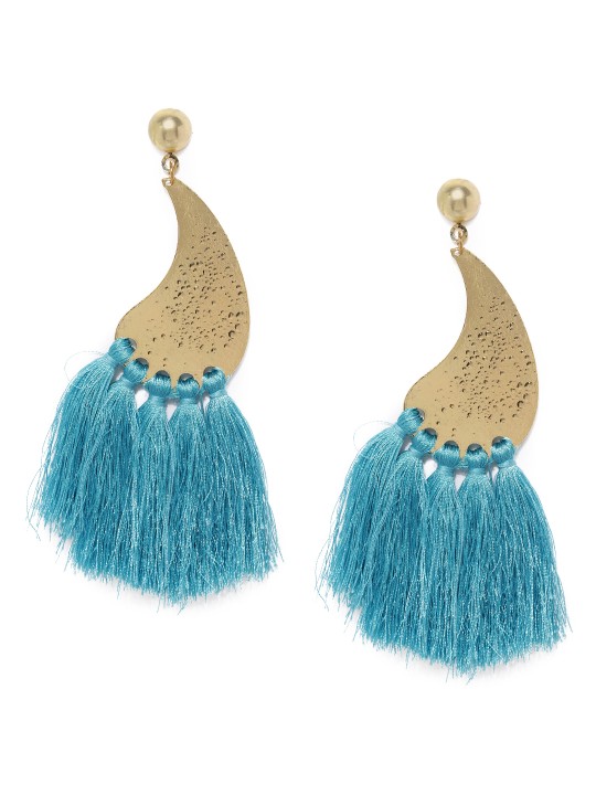 Blue & Gold-Toned Paisley Shaped Tassel Drop Earrings
