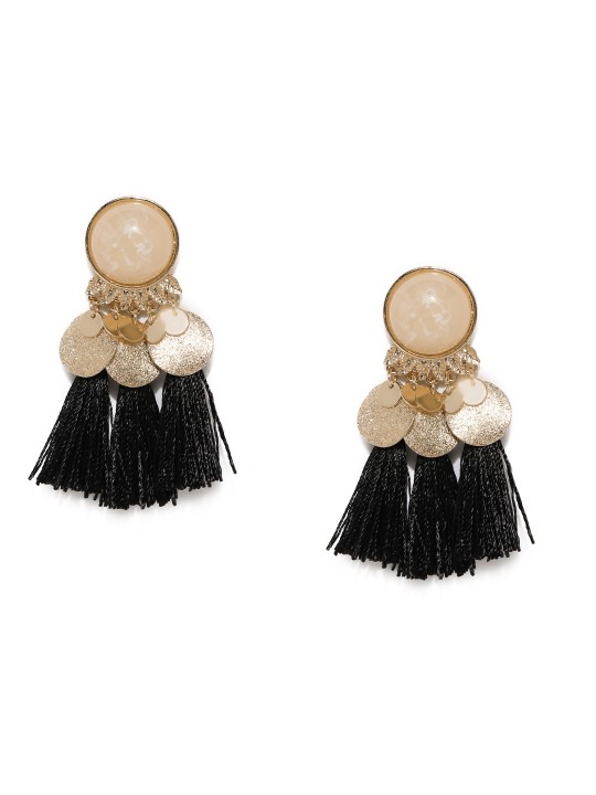 Black & Gold-Toned Tassel Circular Drop Earrings