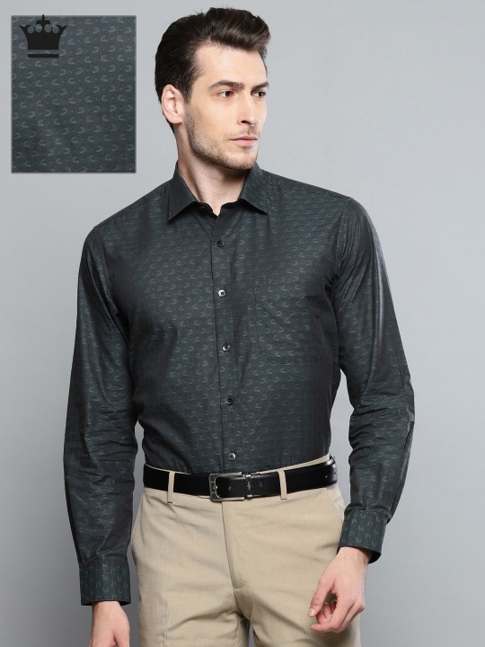 Men Charcoal Grey & Blue Slim Milano Fit Self Design Formal Shirt