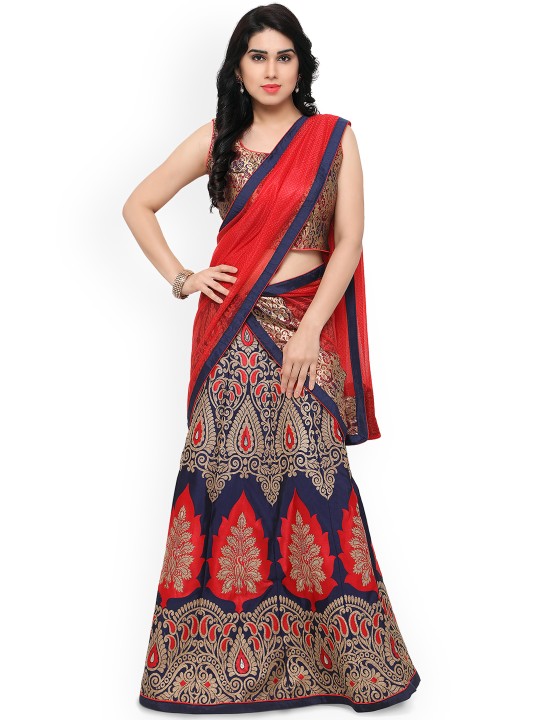 Navy & Red Printed Unstitched Lehenga & Blouse with Dupatta