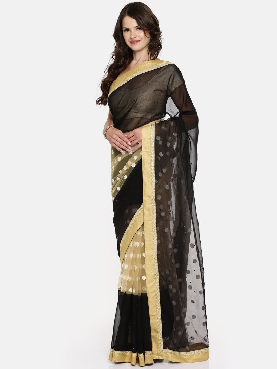 Black & Beige Woven Design Net Saree