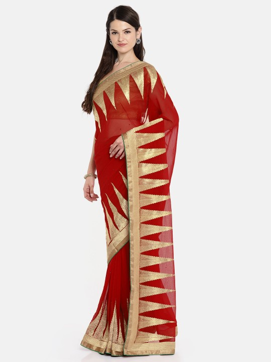 Red & Gold-Toned Poly Chiffon Embroidered Saree
