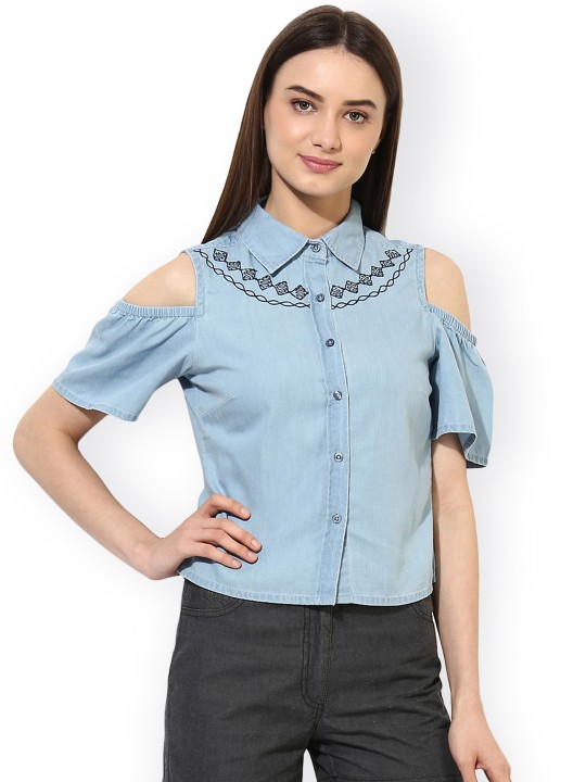 Women Blue Embroidered Shirt Style Denim Top S