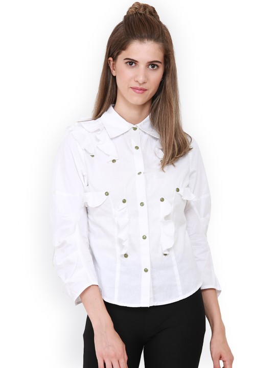 Women White Embellished Shirt Style Top S