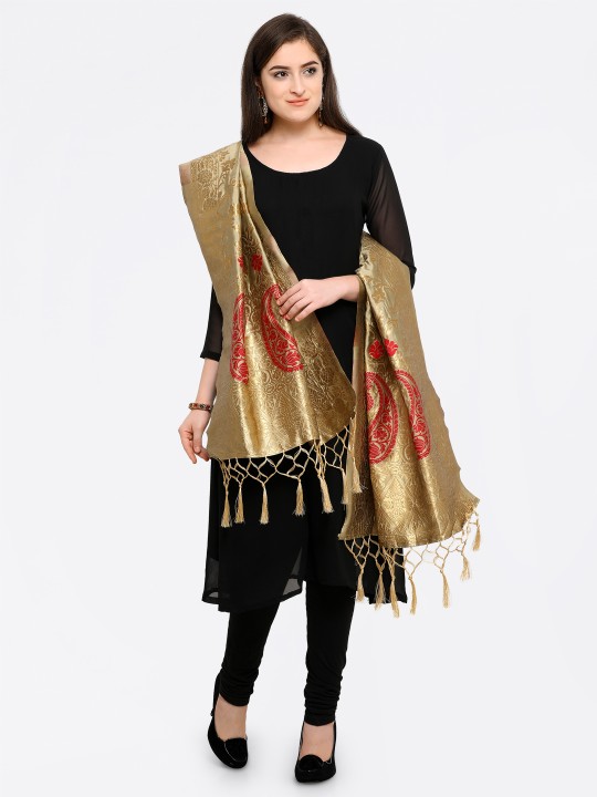 Beige & Red Woven Design Dupatta