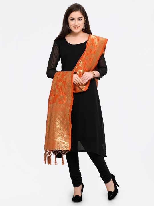 Orange & Gold-Toned Woven Design Dupatta