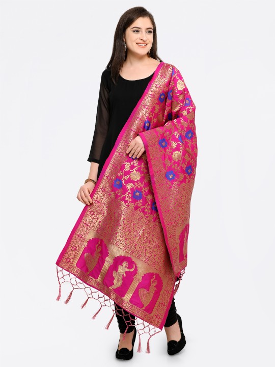Pink & Gold-Toned Woven Design Dupatta