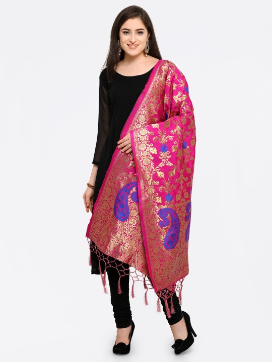 Pink & Gold-Toned Woven Design Dupatta