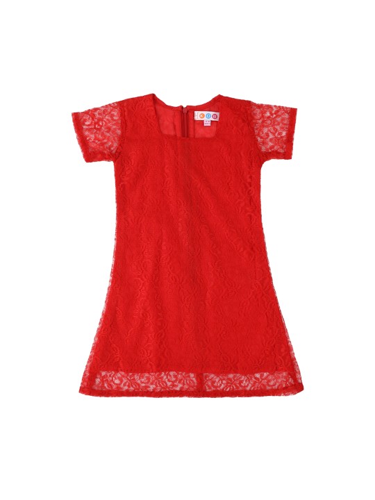 Girls Red Self Design A-Line Dress 12-18M
