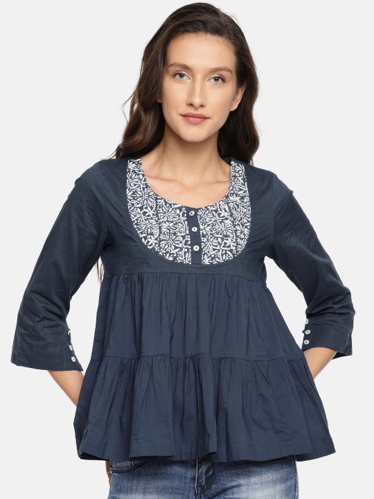 Women Navy Blue Self-Design Peplum Top XS