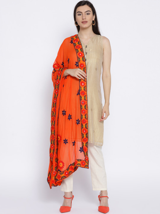 WEAVERS VILLA Orange & Navy Blue Embroidered Dupatta