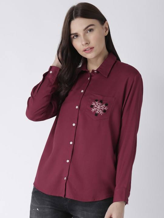 Women Maroon Regular Fit Solid Casual Shirt S