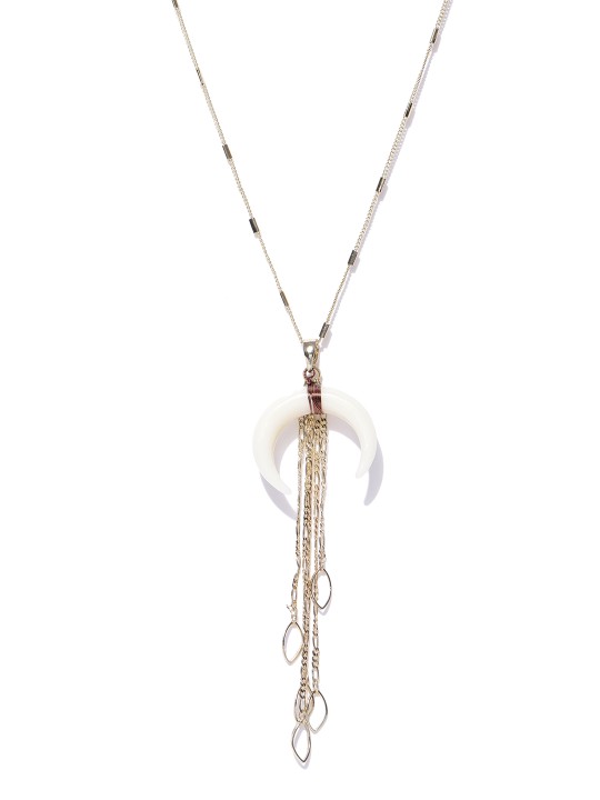 Gold-Toned & Cream-Coloured Crescent Horn Pendant with Chain