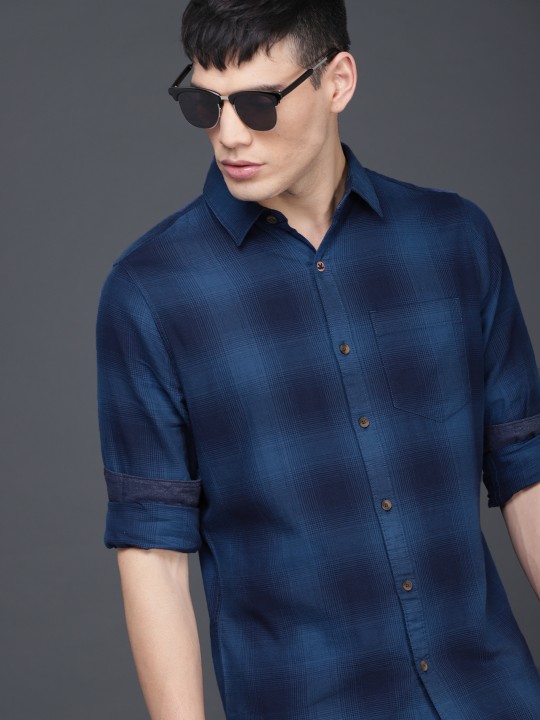 Men Navy Blue Slim Fit Checked Casual Shirt 39