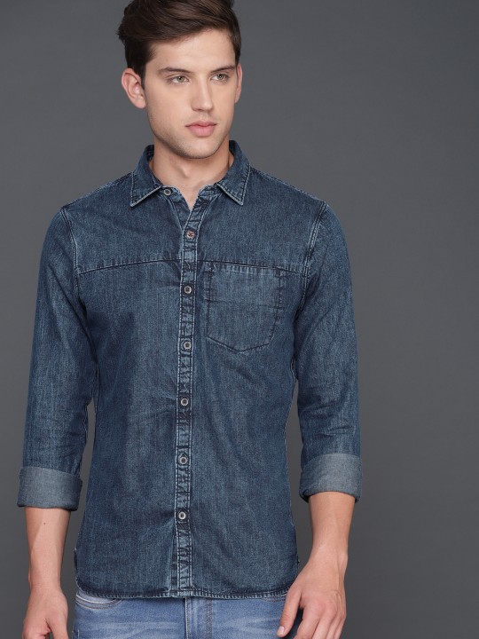 Men Blue Slim Fit Solid Chambray Casual Shirt 39