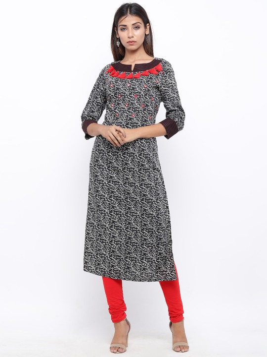 Women Black & Off-White Embellished Straight Kurta S