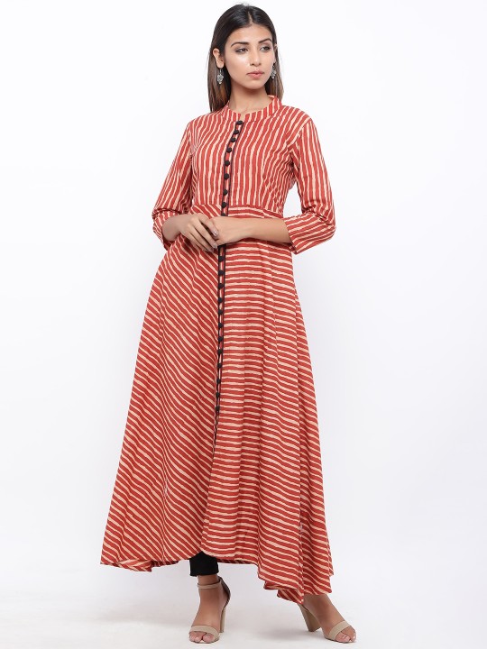 Women Maroon & Cream-Coloured Printed A-Line Kurta S