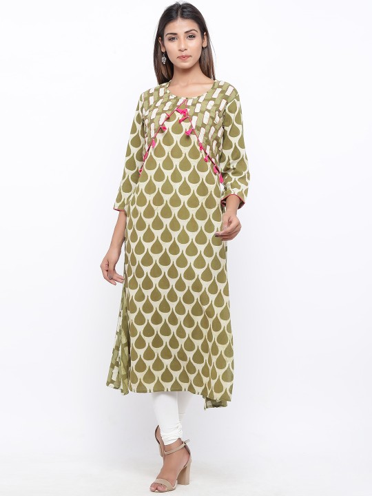 Women Green & Beige Printed Straight Kurta S