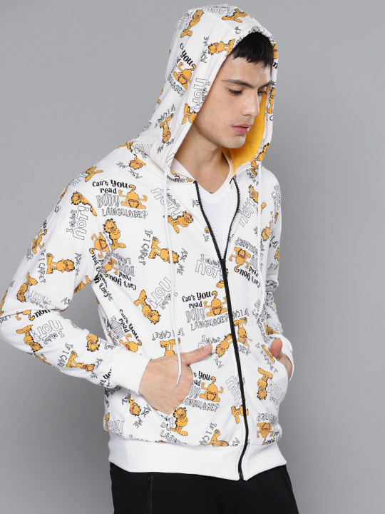 Men White Printed Hooded Sweatshirt M