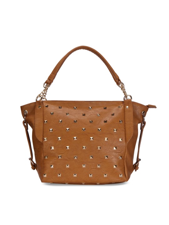 Brown & Silver-Toned Embellished Handheld Bag