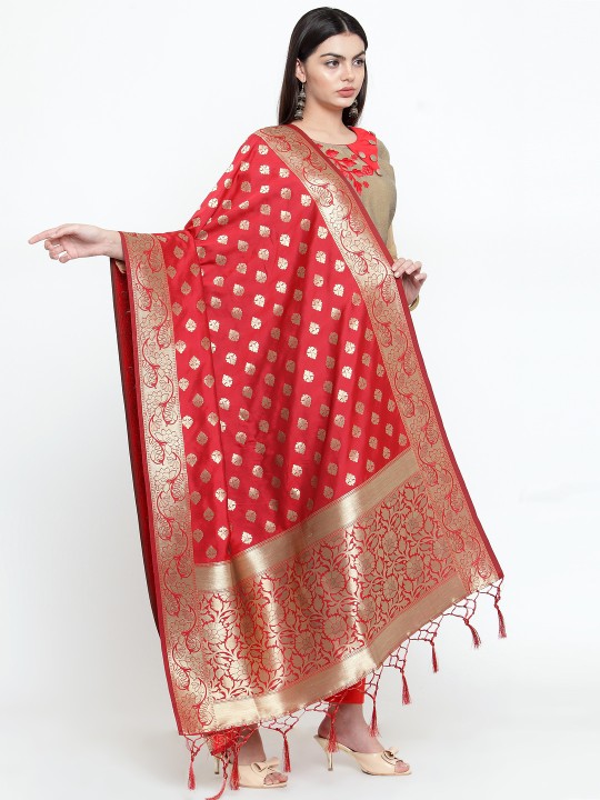 red gown with golden dupatta