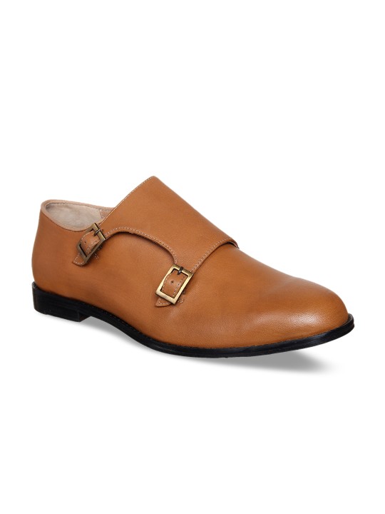 Men Tan Solid Formal Leather Monks 6