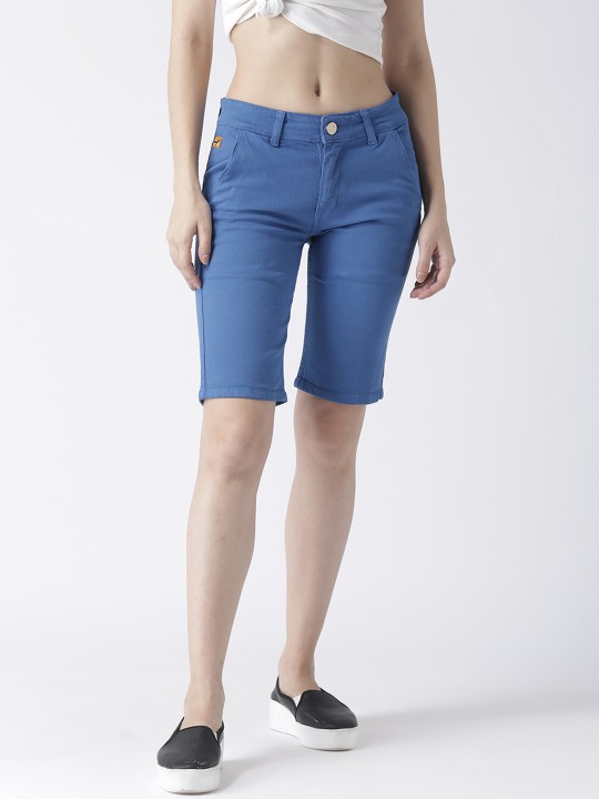 Women Blue Solid Slim Fit Denim Shorts 28